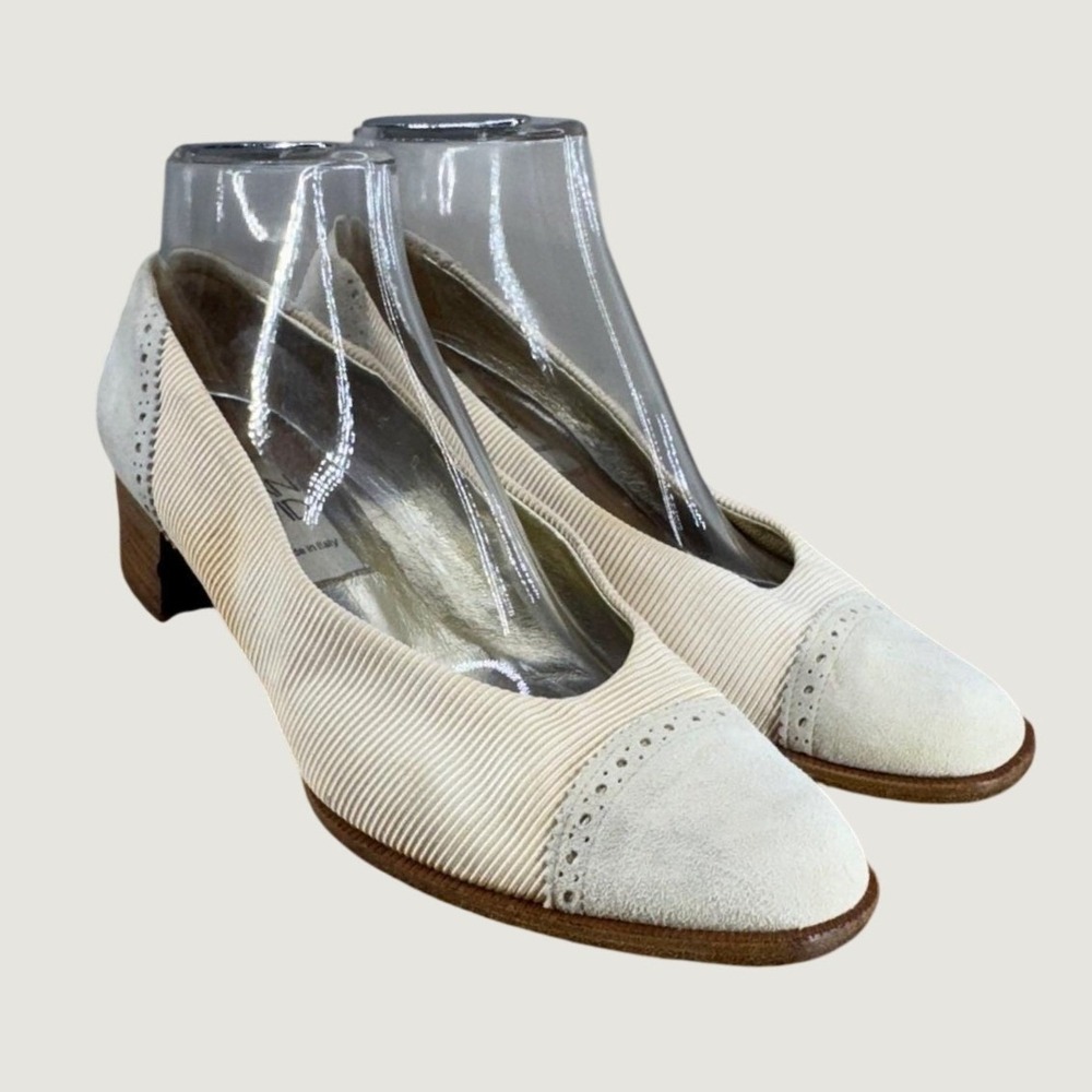 Joan & David Pumps 38.5 Cream Suede Ribbed Block Heel Made in Italy Vintage